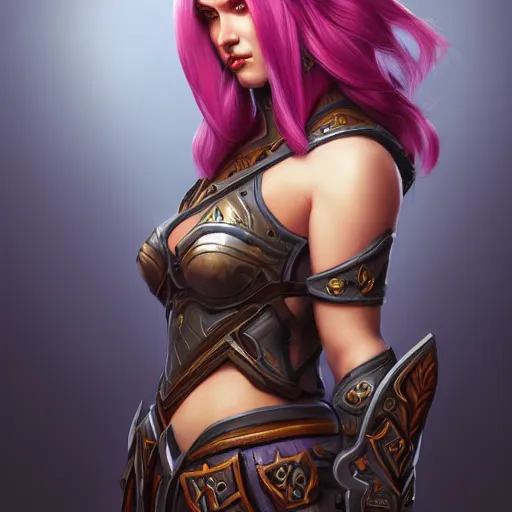 Prompt: a portrait of a very beautiful woman hunter in armor warcraft style armor. pink hair, bored, illustration, soft lighting, soft details, painting oil on canvas by mark arian by artgerm, trending on artstation, 4k, 8k, HD