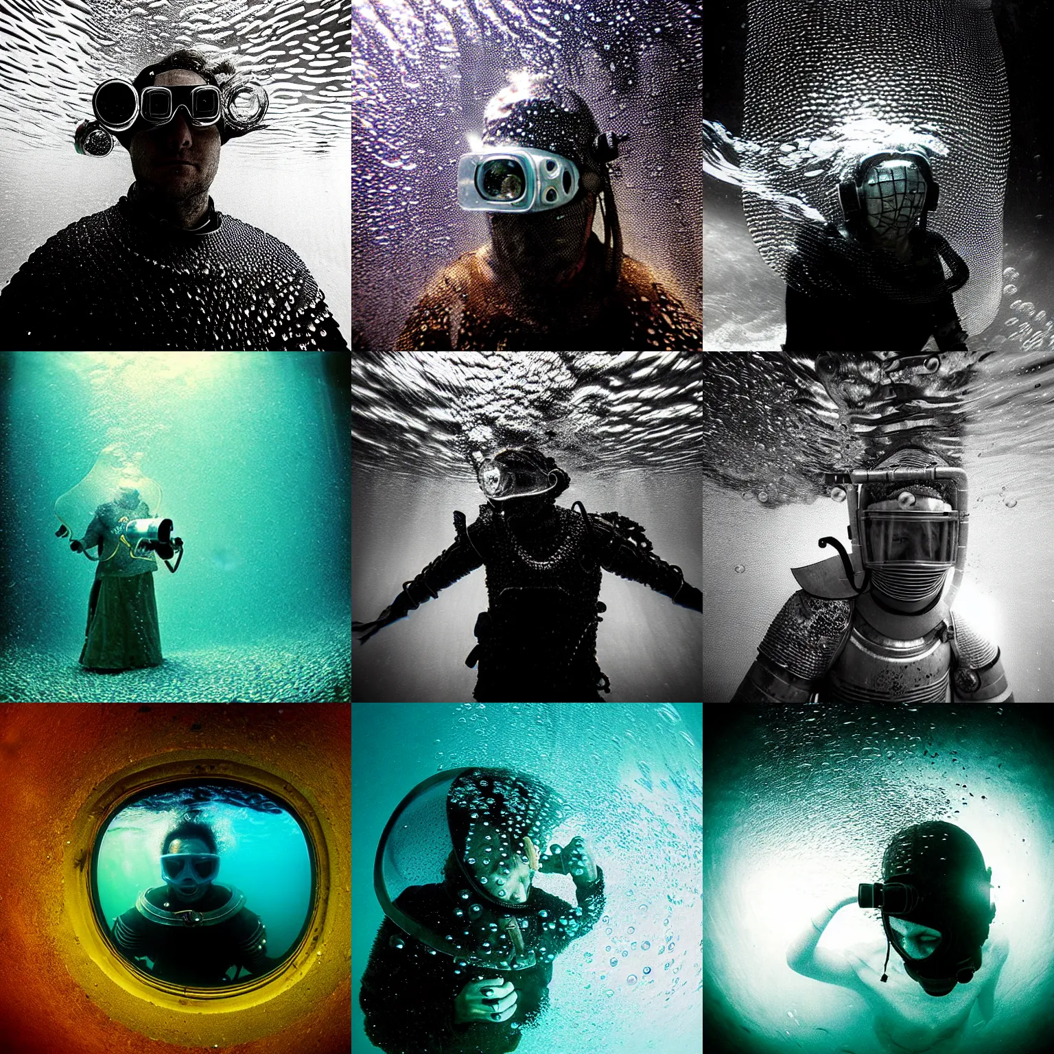 Prompt: Underwater photo of a beautiful medieval knight by Trent Parke, staring at a camera through a visor, close up, huge bubbles, metallic patterns, clean, detailed