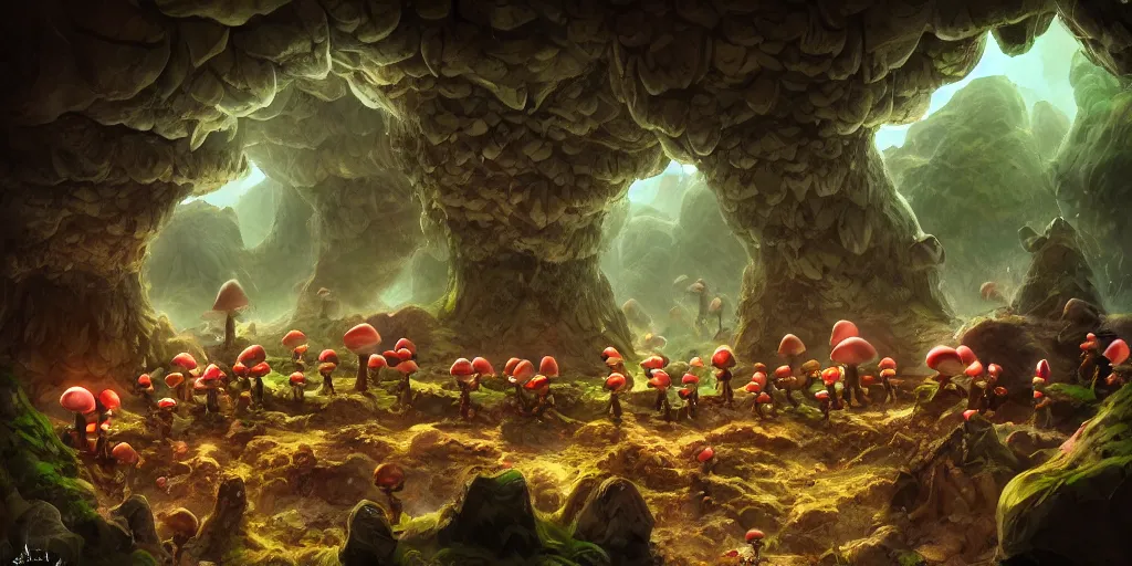 Image similar to goblin miners in a mushroom cave, concept art, digital illustration, trending on artstation, deviantart, artgerm, epic composition, masterpiece, highly detailed, advanced technique, ambient lighting, wlop, ross draws