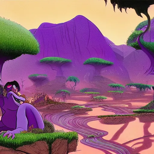 Image similar to The Purple People Eater :: extremely detailed landscape, Pixar, concept art by Don Bluth :: a masterpiece by Alan Davis ::