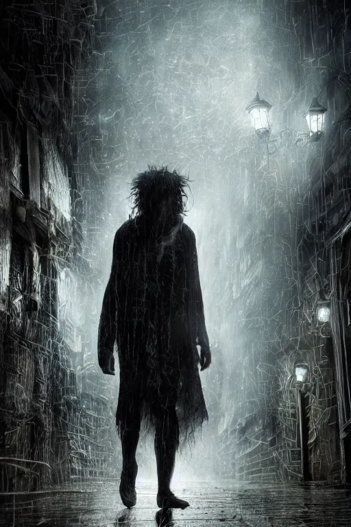 Image similar to a realistic photo of sandman, dream of the endless, by neil gaiman, pale face, spiky hair, swirling mist, intricate details and textures, mystical feeling, a dark and misty alley lit by gas lanterns, hyper realistic octane render, volumetric shading, depth of field, raytracing, 8 k,