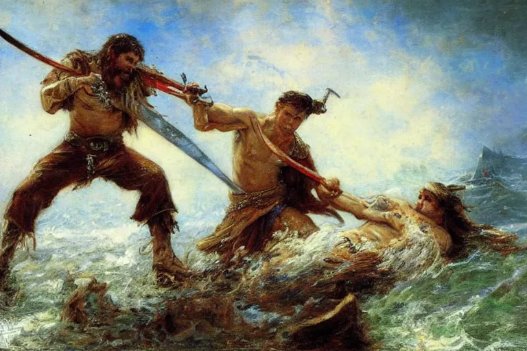 Image similar to action still of a shipwrecked man fighting a pirate with a sword. art by gaston bussiere.