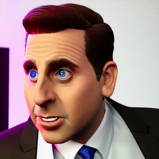 Prompt: hyperdetailed 3 d cartoon render of michael scott in a confident expressive pose, white background, low angle shot, cinematic studio lighting, studio quality, octane render, unreal engine 5, trending on artstation, 8 k