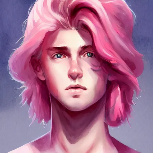 Image similar to teen boy, pink hair, pink eyes, elegant, georgeus, bust portrait, watercolor, high detalied, digital art, artstation, by charlie bowater
