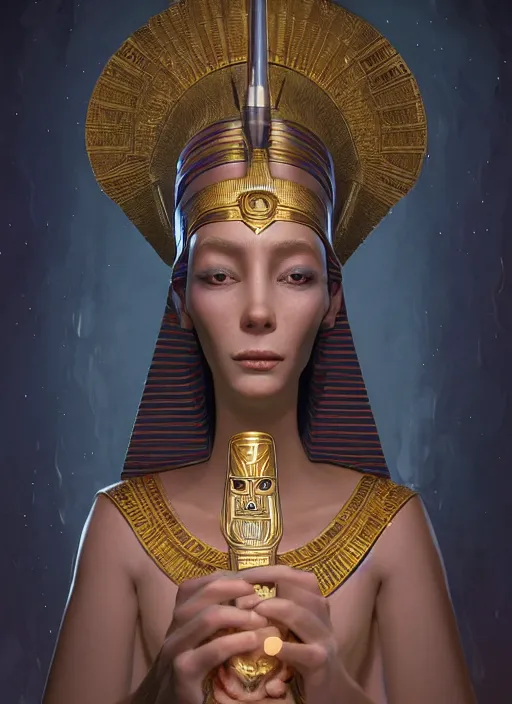 Image similar to an anthropomorphic beautiful female wizard of pharaoh holding magic wand portrait wearing robe, fine art, award winning, intricate, elegant, sharp focus, octane render, hyperrealistic, cinematic lighting, highly detailed, digital painting, 8 k concept art, art by jamie hewlett and z. w. gu, masterpiece, trending on artstation, 8 k