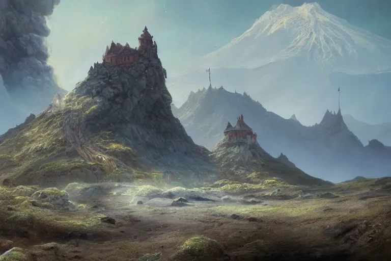 Prompt: single small fantasy castle, highly detailed, oon a barren landscap, volcanoe in background with lavaflows in the foreground, illustrated by Greg Rutkowski and Gaston Bussiere, 35mm lens, beautiful macro close-up imagery, lush lighting, beautiful volumetric-lighting-style atmosphere