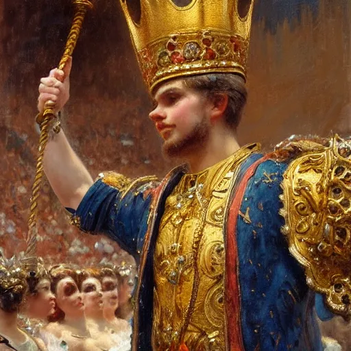 Image similar to a young man wearing a golden crown after overcoming his fear or death, standing above a cheering crowd, highly detailed painting by gaston bussiere and j. c. leyendecker 8 k