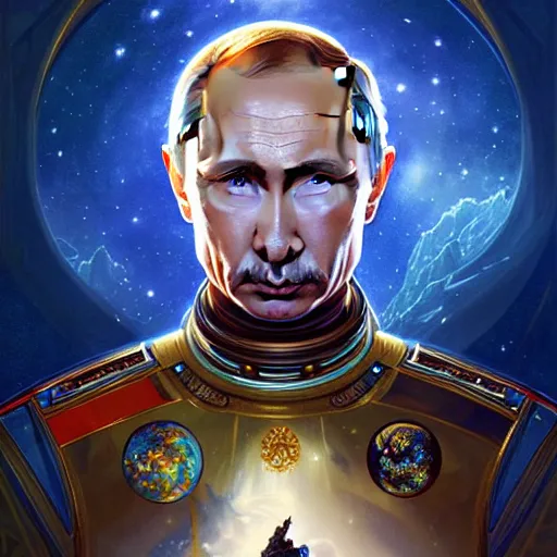 Prompt: Portrait of Putin in space, D&D, blue eyes, face, fantasy, intricate, elegant, highly detailed, digital painting, artstation, concept art, smooth, sharp focus, illustration, art by artgerm and greg rutkowski and alphonse mucha