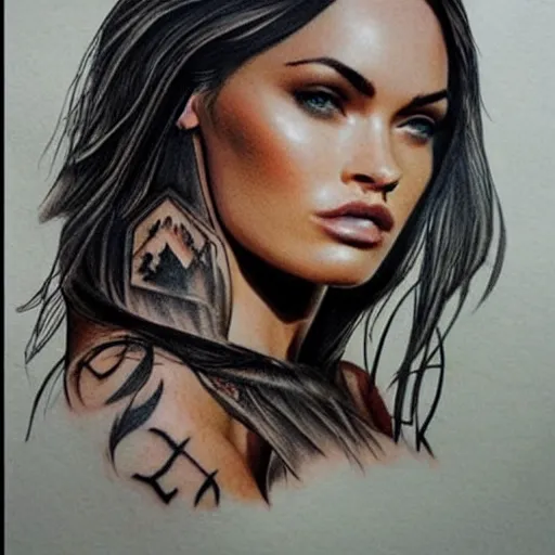Image similar to realism tattoo sketch of double exposure megan fox with beautiful mountain scenery, in the style of andrey lukovnikov