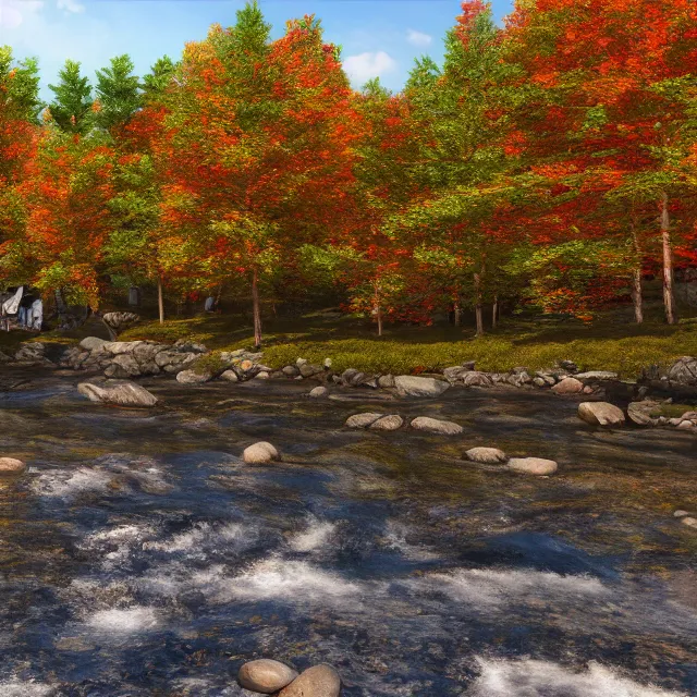 Image similar to small new england colonial village on a river in the white mountains of new hampshire, fall foliage, realistic, unreal engine render, octane render, hyper realistic, photo, 8 k