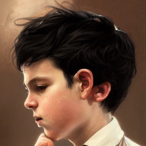 Prompt: portrait of a boy with goat horn, medium black hair, conductor, black suit, fantasy, intricate, elegant, highly detailed, digital painting, artstation, concept art, smooth, sharp focus, illustration, art by artgerm and greg rutkowski and alphonse mucha