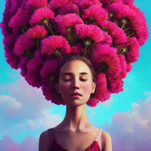 Image similar to head made of carnations, girl standing in a vast flower field, holding flowers, surreal photography, sunrise dramatic light, impressionist painting, colorful clouds, large sky, digital painting, artstation, simon stalenhag, flower face