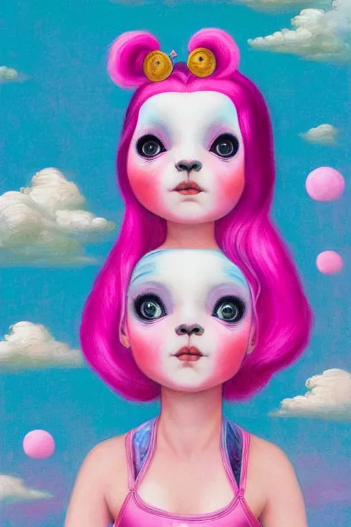 Prompt: an image of a girl with pink hair wearing a panda onesie looking across, evokes chrysalism painting by mark ryden, and lisa frank