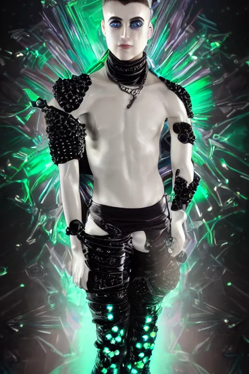 Image similar to full-body rococo and cyberpunk style crystal quartz sculpture of a young handsome seductive chilean android gogo boy reaching for the moon, glowing white laser eyes, crown of black gears and diamonds, swirling green-colored silk fabric. futuristic elements. full-length view. intricate artwork by caravaggio. Trending on artstation, octane render, cinematic lighting from the right, hyper realism, octane render, 8k, depth of field, 3D