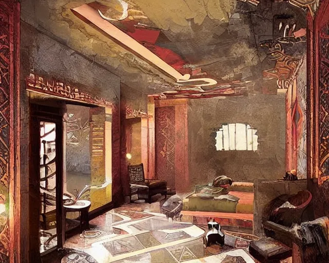 Prompt: a luxury hotel! suite room in the style of precolombian aztec!, art by greg rutkowski and artgerma, stunning! concept art, interior! design