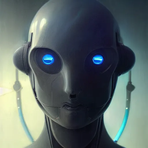 Image similar to dark digital concept art portrait of a high - tech robot on a depth of field background, artstation, award - winning realistic sci - fi concept art by jim burns and greg rutkowski, beksinski, a realism masterpiece, moody color palette, james gilleard, bruegel, alphonse mucha, and yoshitaka amano