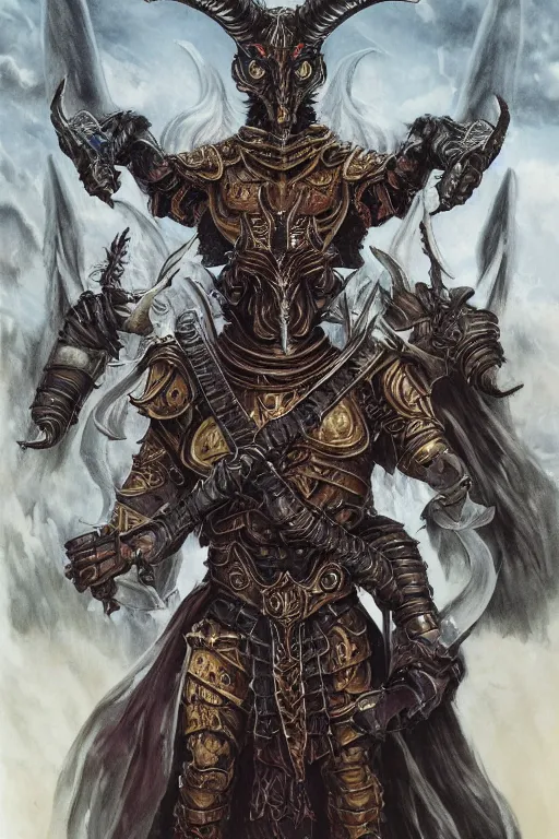 Prompt: full body concept art of baphomet wearing ancient roman armor made with porcelain by Jeff Easley and Peter Elson + beautiful eyes, beautiful face + symmetry face + galaxy + gothic, surreal, dread + highly detailed, intricate complexity, epic composition, magical atmosphere + masterpiece, award winning + trending on artstation