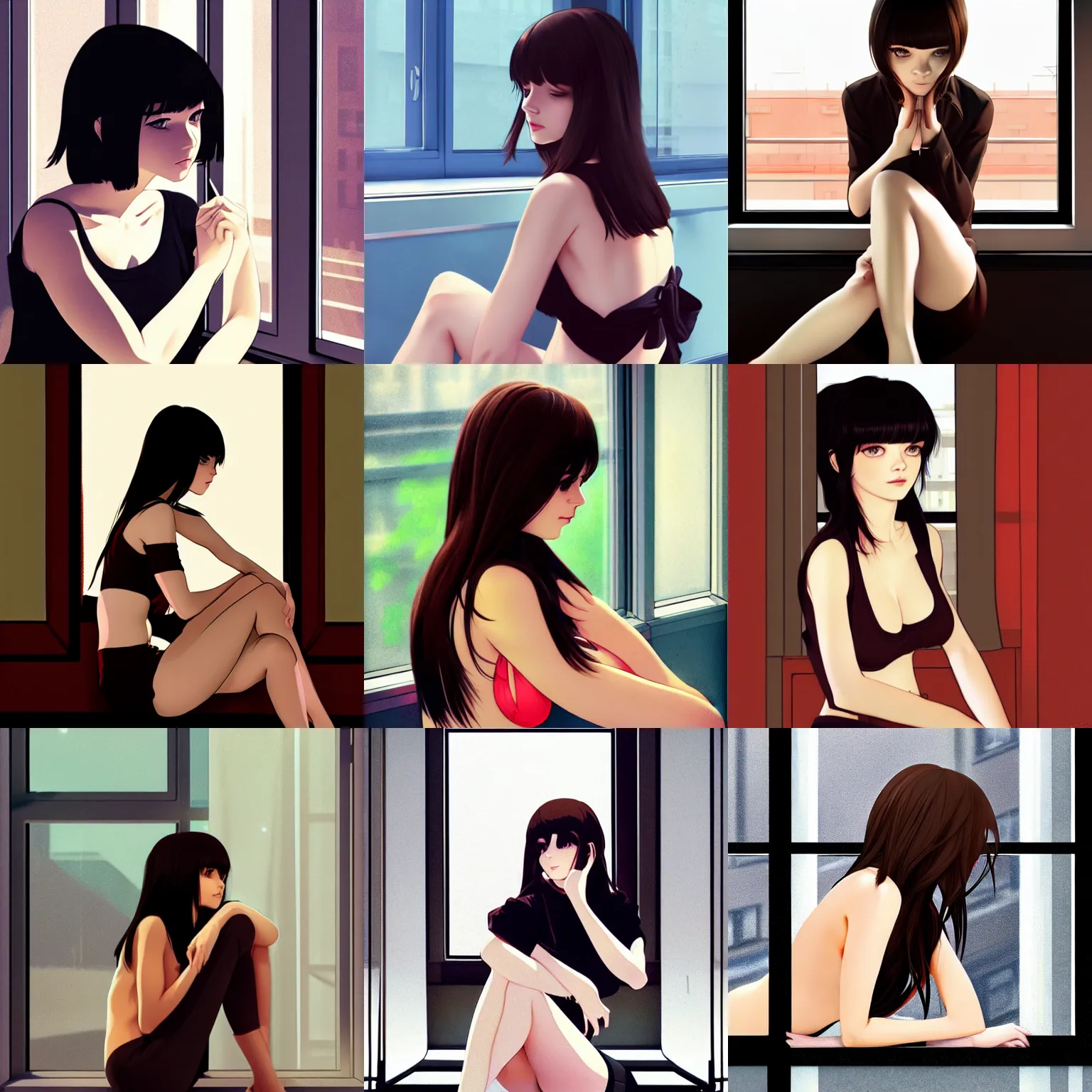 Prompt: sexy girl with dark brown hair, sitting down, leaning against the window, tasteful, in the style of ilya kuvshinov