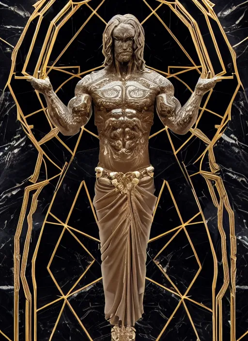 Prompt: stylized onyx black gold lines dark severe lighting ornate statue full body made of marble of judas, perfect symmetrical body, perfect symmetrical face, hyper realistic, hyper detailed, by johannen voss, by michelangelo, octane render, blender, 8 k, displayed in pitch black studio room