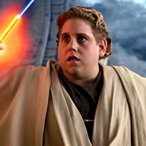 Image similar to jonah hill as evil anakin skywalker in star wars episode 3, 8k resolution, full HD, cinematic lighting, award winning, anatomically correct