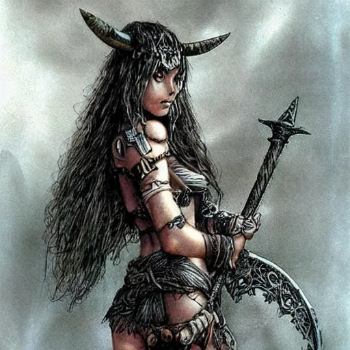 Prompt: A cute barbarian girl by Luis Royo