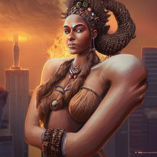 Prompt: a colossal goddess, creative, brown skin, giant, digital art, in the city, in town, highly detailed, photo manipulation, up there, fire hair, digital painting, smoke, artstation