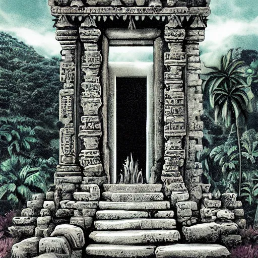 Image similar to ancient jungle temple with a portal to another dimension pulp art