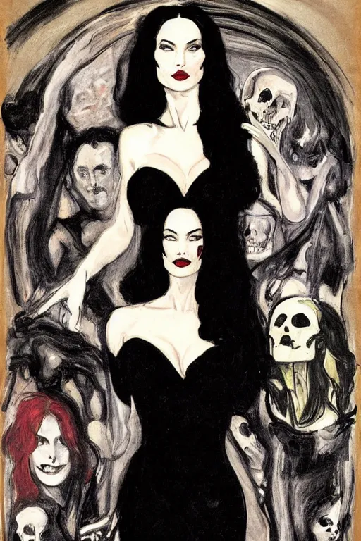 Image similar to portrait of megan fox morticia addams as death of the endless, the sandman by walter sickert, john singer sargent, and william open