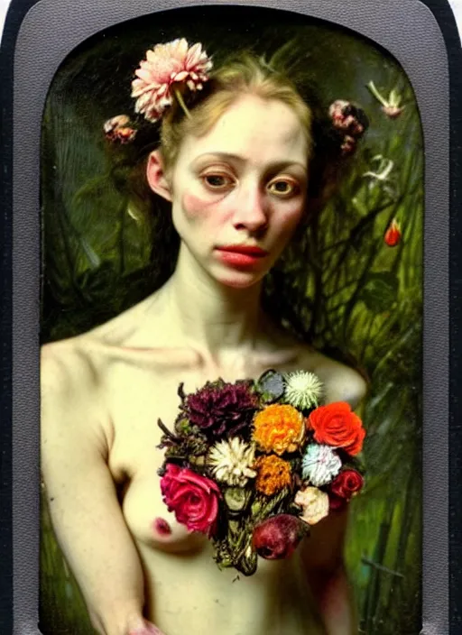 Image similar to beautiful and detailed rotten woman made of plants and many types of stylized flowers like carnation, chrysanthemum, roses and tulips, intricate, surreal, vladimir volegov, john constable, guy denning, gustave courbet, caravaggio, romero ressendi, 1 9 1 0 polaroid photo