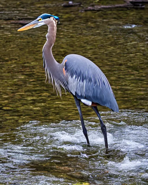 Prompt: giant dinosaur - like great blue heron wading in a rocky river