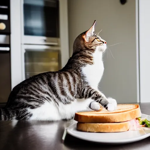 Prompt: a cat makes a ham sandwich in a kitchen, 85mm f1.8