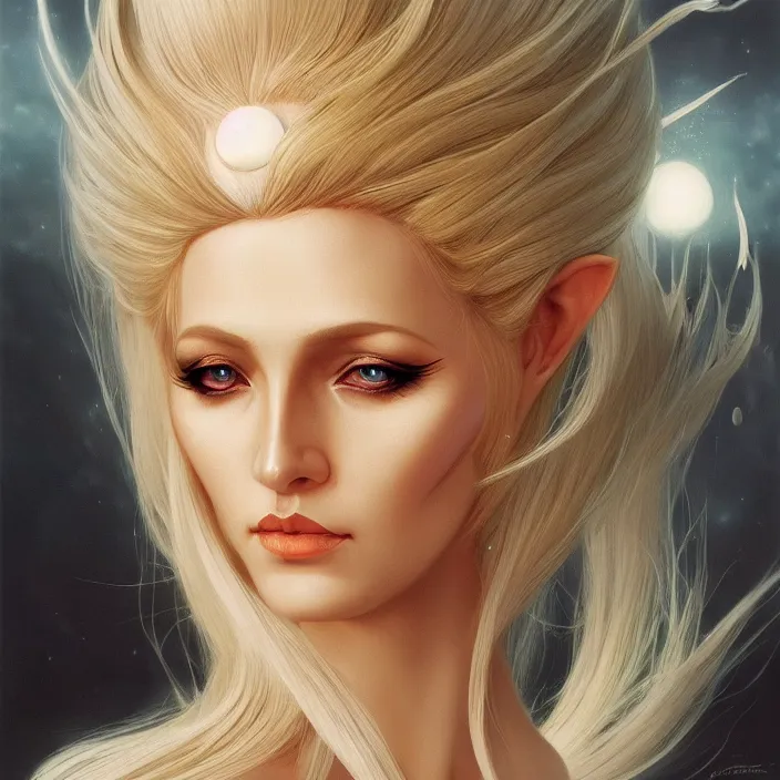 Prompt: blonde elvish empress, nuclear fusion, futurism, suave, beauty, hd, concept art, art station, digital art, by claudio bravo