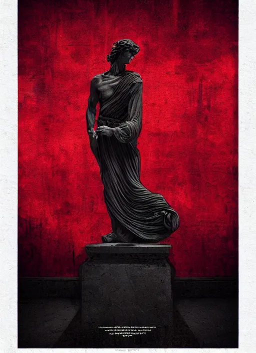 Prompt: elegant dark design poster showing a greco roman statue, black background with very subtle red purple design elements, powerful, nekro, vito acconci, thin straight lines, dark, glitch art, neo vaporwave, gritty, layout frame, square, trending on artstation