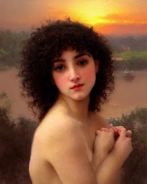 Image similar to beautiful glorious realistic oil painting of a girl, short black curly hair, bokeh, in the style of bouguereau, sunset, highly detailed and photorealistic, 8 k high detail and intricate