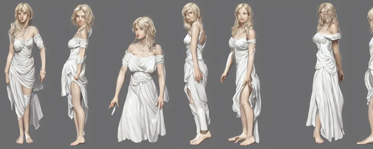 Image similar to character design, reference sheet, ancient white dress, relaxing, cute, young female, happy, beautiful, elegant, no shoes, open v chest clothes, long dark hair, concept art, photorealistic, hyperdetailed, 3d rendering! , art by Leyendecker! and constable,