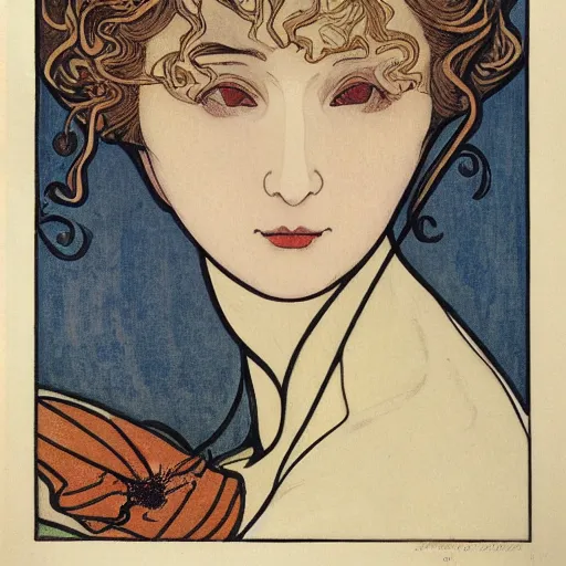 Image similar to a girl with a spider, colored woodcut, flat pastel colors, by Mackintosh, by Alfons Mucha, art noveau, by Hokusai