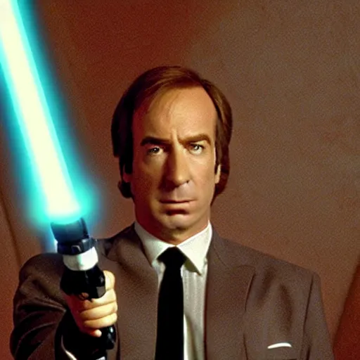 Prompt: A still of Saul Goodman in Star Wars: A New Hope, holding an activated lightsaber, wearing a suit