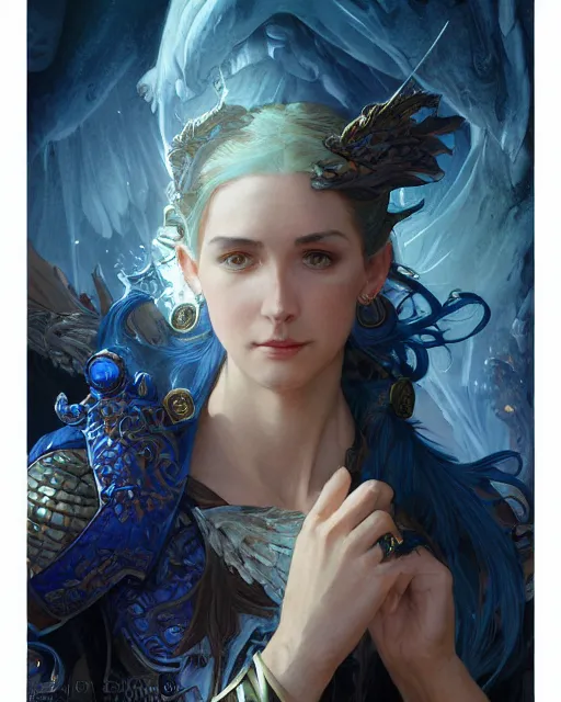 Image similar to Portrait of a Fantasy azure dragon hunter, HD, illustration, epic, D&D, fantasy, intricate, elegant, highly detailed, digital painting, artstation, concept art, smooth, sharp focus, illustration, art by artgerm and greg rutkowski and alphonse mucha