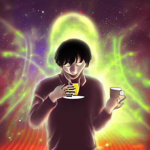 Image similar to A man drinking a cup of cosmic energy bright light by Park Sung-woo Red Ice, 4k, digital art, surreal, anime style,