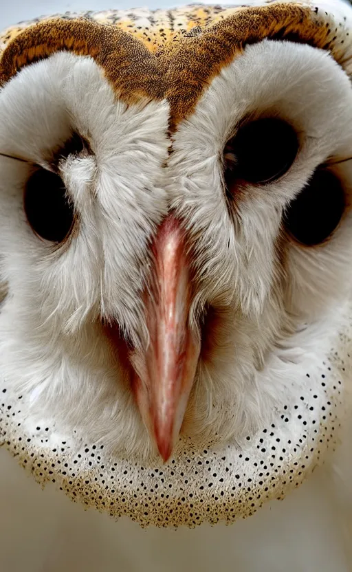 Image similar to a barn owl with a metal mask covering half of its face