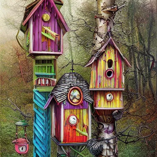 Prompt: Colorful Victorian Birdhouses by Tuomas Korpi and Alejandro Burdisio and Jacek Yerka, Hyperrealism