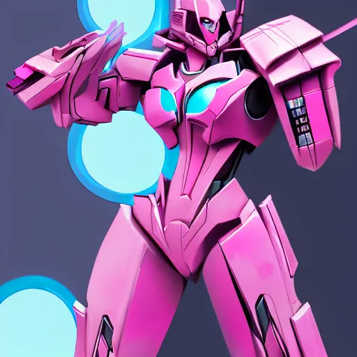 Image similar to Arcee from the transformers cartoon on Cybertron, pink, artstation, high detail, action
