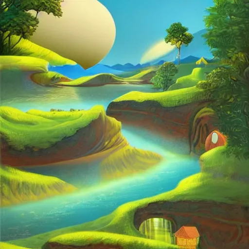 Image similar to A beautiful computer art of a landscape. It is a stylized and colorful view of an idyllic, dreamlike world with rolling hills, peaceful looking animals, and a flowing river. The scene looks like it could be from another planet, or perhaps a fairy tale. by Joe Shuster amorphous, angular