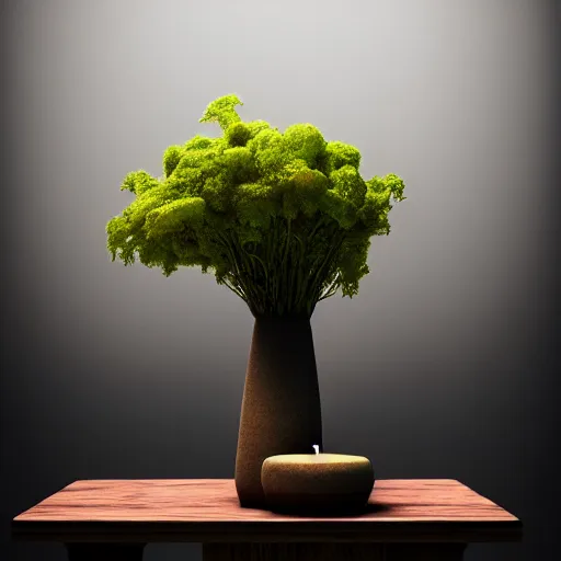 Image similar to a large vase sitting on top of a wooden table, medieval concept art, cinematic lightning and colors, featured on cg society, photorealism, vray tracing, rendered in unreal engine, photorealistic, vegetables on table and candle, dark lightning, contrast shadows