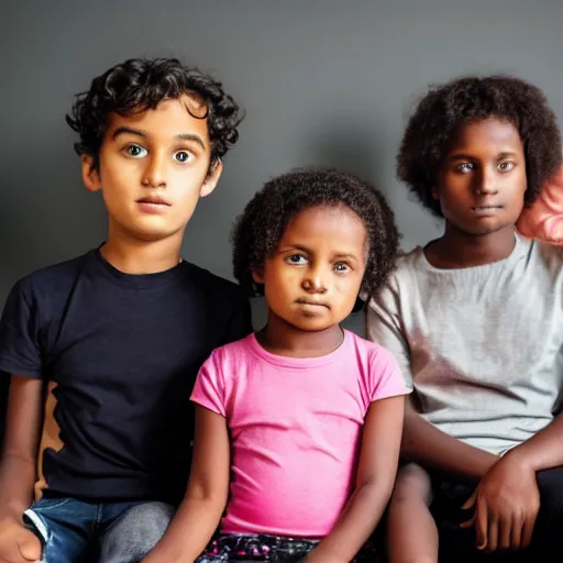 Image similar to four people, one girl and three boys sitting together, they are siblings, black background, 8 0 mp photography, all are visible