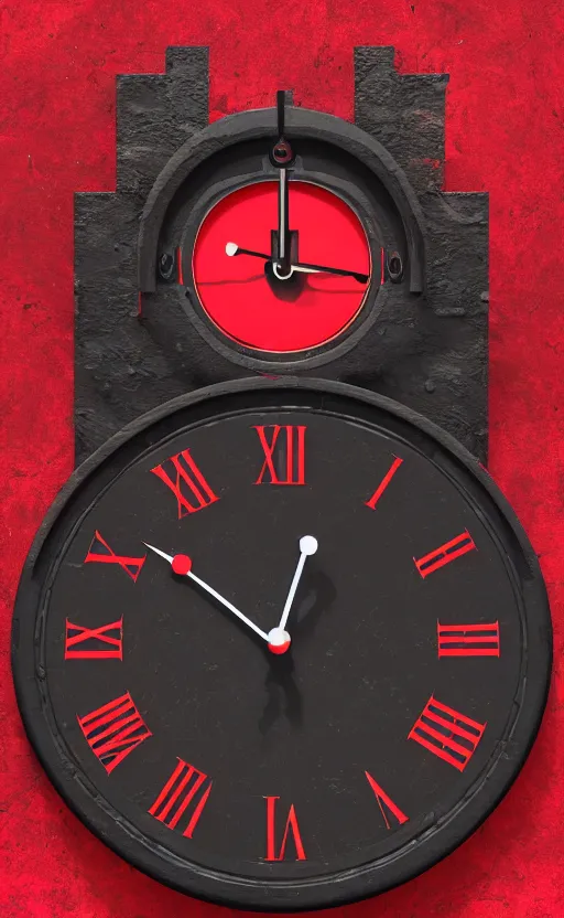 Image similar to a melting Roman numeral clock, behind a red and black gradient background, awith a black heart shaped on the top left corner and a black diamond card shape in the bottom right corner, dynamic lighting, photorealistic fantasy concept art, trending on art station, stunning visuals, cinematic, creative, ultra detailed