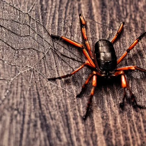 Image similar to a close up shot of a spider attacking a ant on a wooden table, microshot.