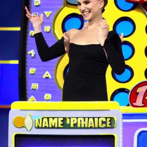 Prompt: natalie portman on the price is right gameshow winning a huge prize