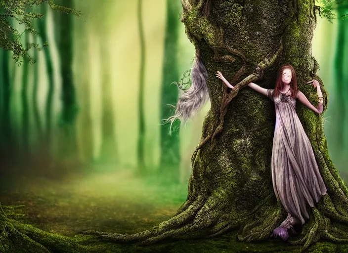 Prompt: a woman growing out of a tree in a magical forest. Fantasy magic horror style. Highly detailed 8k. Intricate. Nikon d850 55mm. Award winning photography.