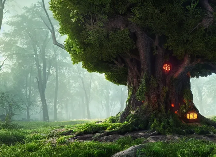 Image similar to huge tree as a rubic cube on a forest, au naturel, hyper detailed, digital art, trending in artstation, cinematic lighting, studio quality, smooth render, unreal engine 5 rendered, octane rendered, art style by pixar and dreamworks and disney and riot